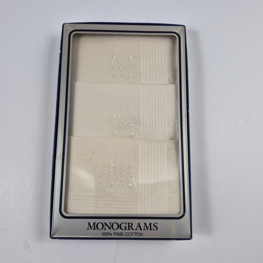 Vintage Monograms 100% Fine Cotton Handkerchiefs Set of 3 Letter "G" Dead Stock